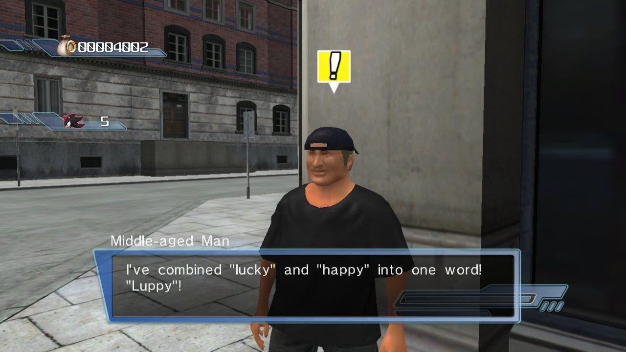 A man in a grey shirt and black, backwards baseball cap says “I’ve combined happy and lucky into one word! Luppy!”