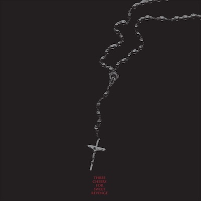 The cover to the 2025 release of Three Cheers for Sweet Revenge, depicting a set of rosary beads on a black background with small red text