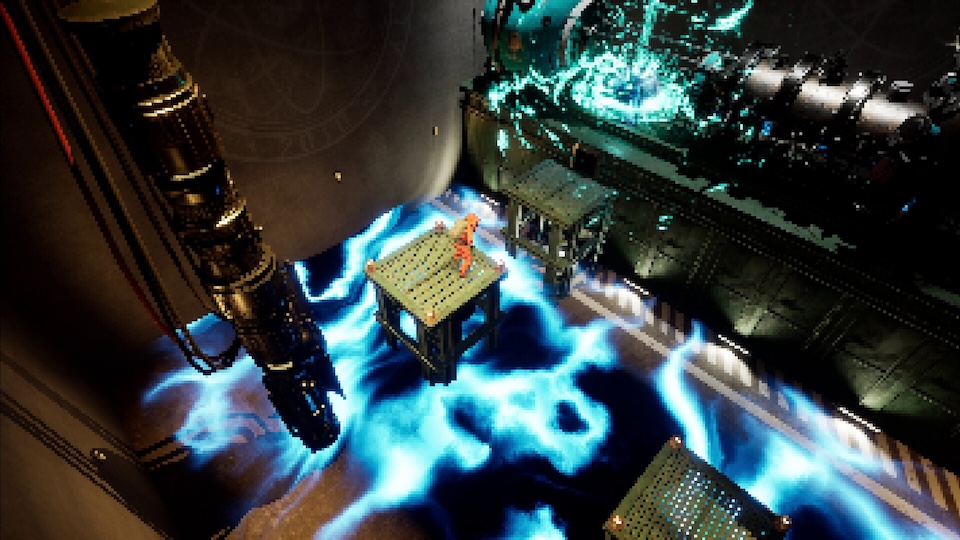 An orange-suited figure stands on a platform above electric zaps in a scene whose visuals are somewhat remeniscent of the opening train area of Final Fantasy 7