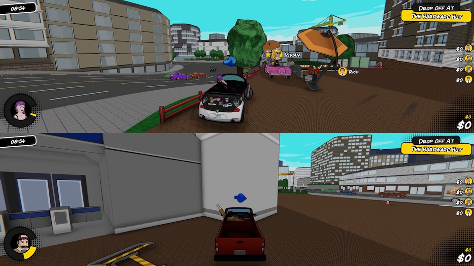 A split-screen view of two cabbies competing to drop off a fare at The Hardware Hut