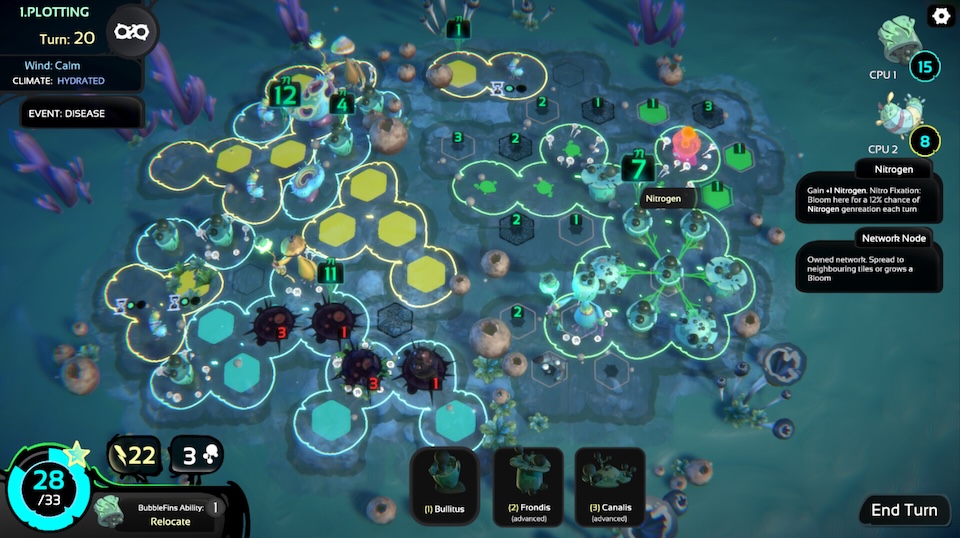A pair of mycelial networks vie for dominance on an abstract map