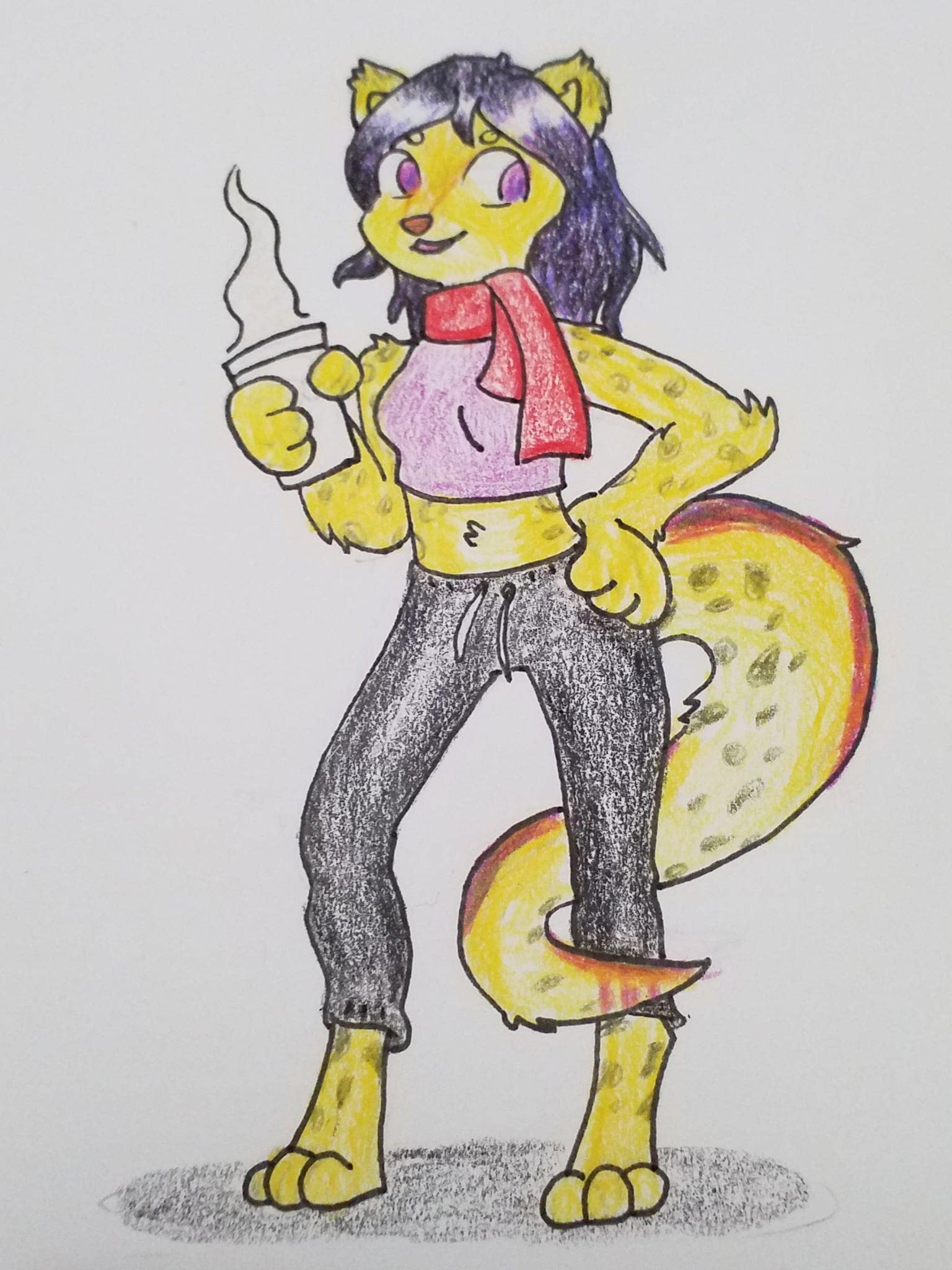 A femme cheetah-dragon lady stands with a hot drink in a crop top, scarf, and black pants