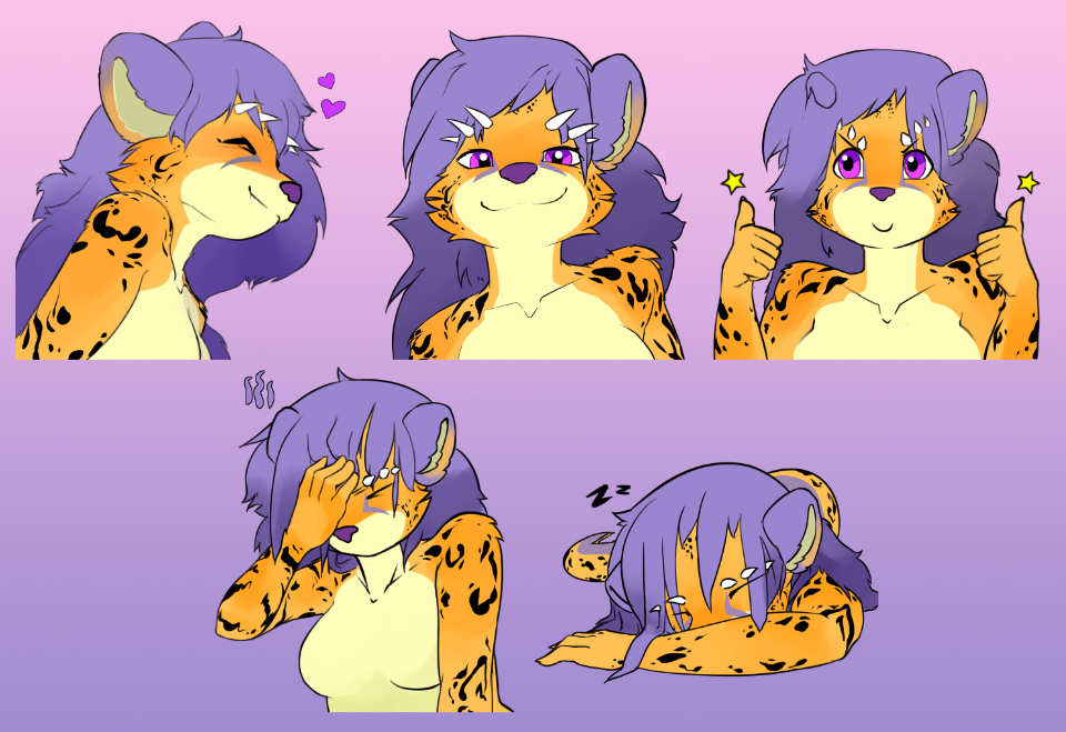 An orange, cheetah-spotted dracat lady in five poses. one smiling with love hearts, one smug, one giving two thumbs up, one face palming, and one snoozing