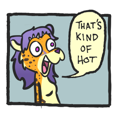 drawover of a panel of a comic by matt ratt with ticky a leopard dragon exclaiming "that's kind of hot"