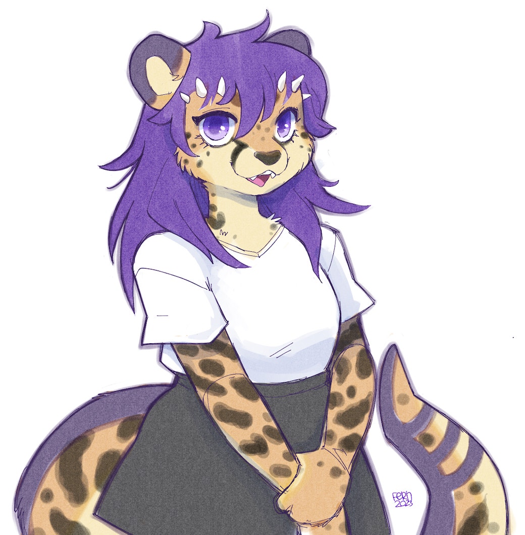 Sketchy illustration of a king cheetah-spotted dracat lady making a CUTE pose in a white tee and black skirt.