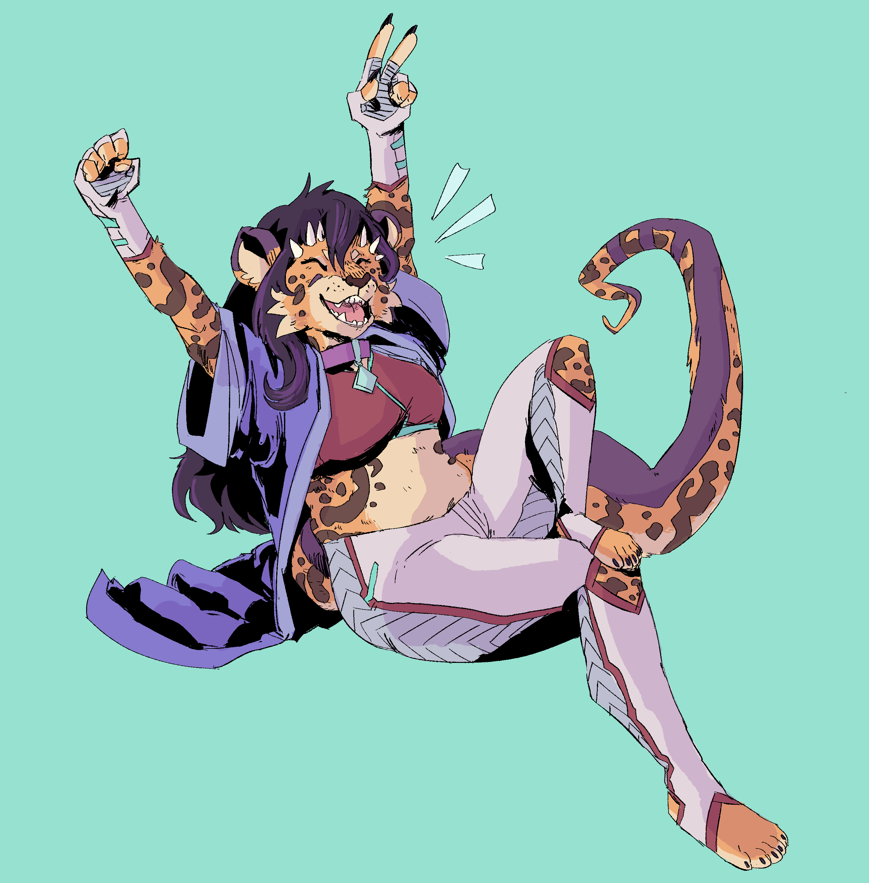 drawing of an anthropomorphic cheetah person with three small horns above each eye and a lizard-like tail. she is orange with warm brown spots, purple hair and a thick purple ring along the top of her tail. There are three purple rings at the end of her tail. She is wearing athliesure wear and a floaty purple kimono jacket. She has her arms raised and is shouting in delight.