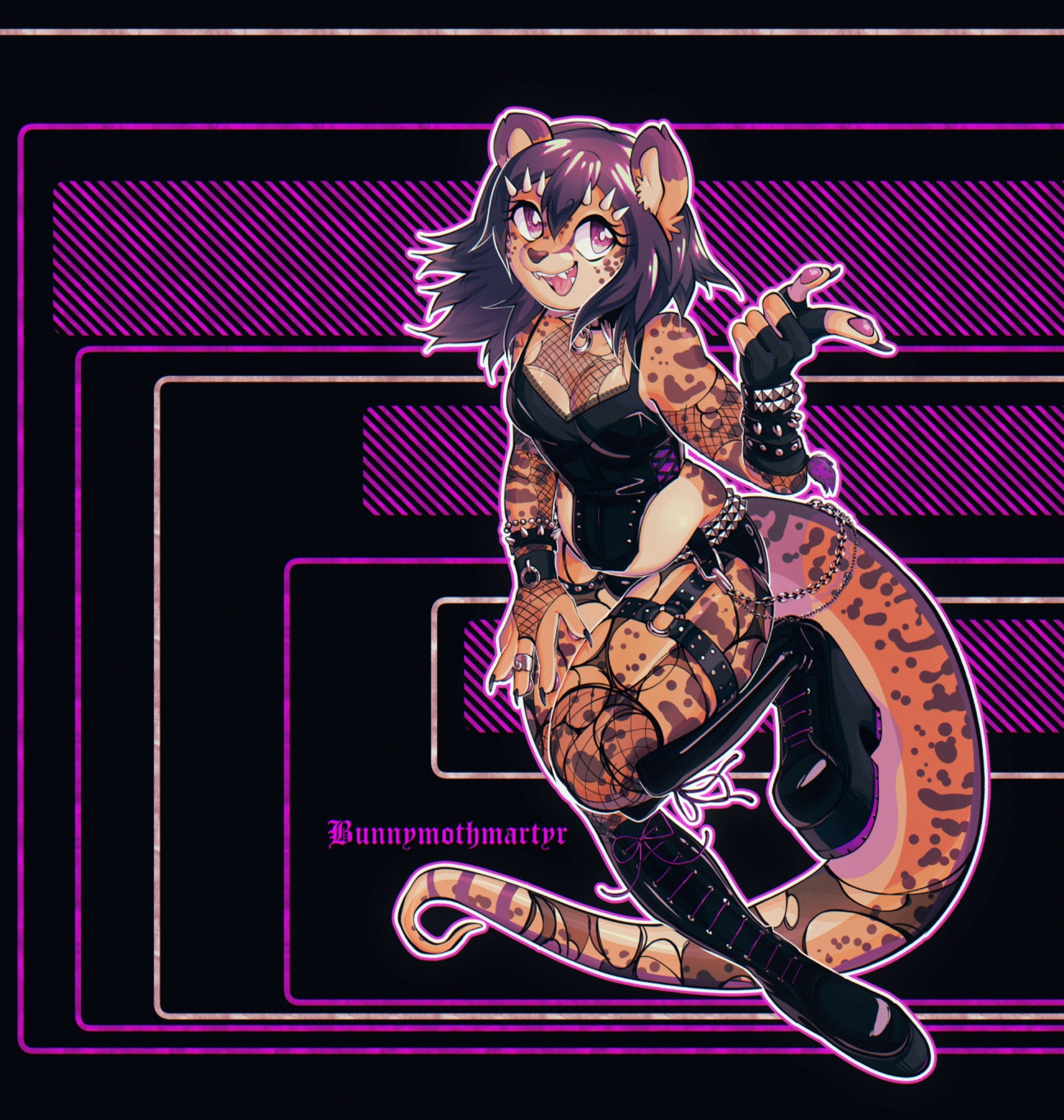 A cheetah-dragon lady poses dynamically in torn fishnets, corsetry and leather