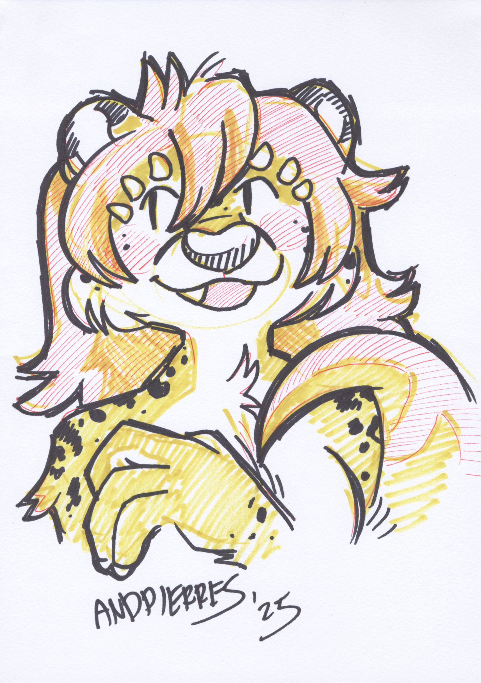 A sketch of a cheetah-dragon lady done black and yellowish marker and reddish pen