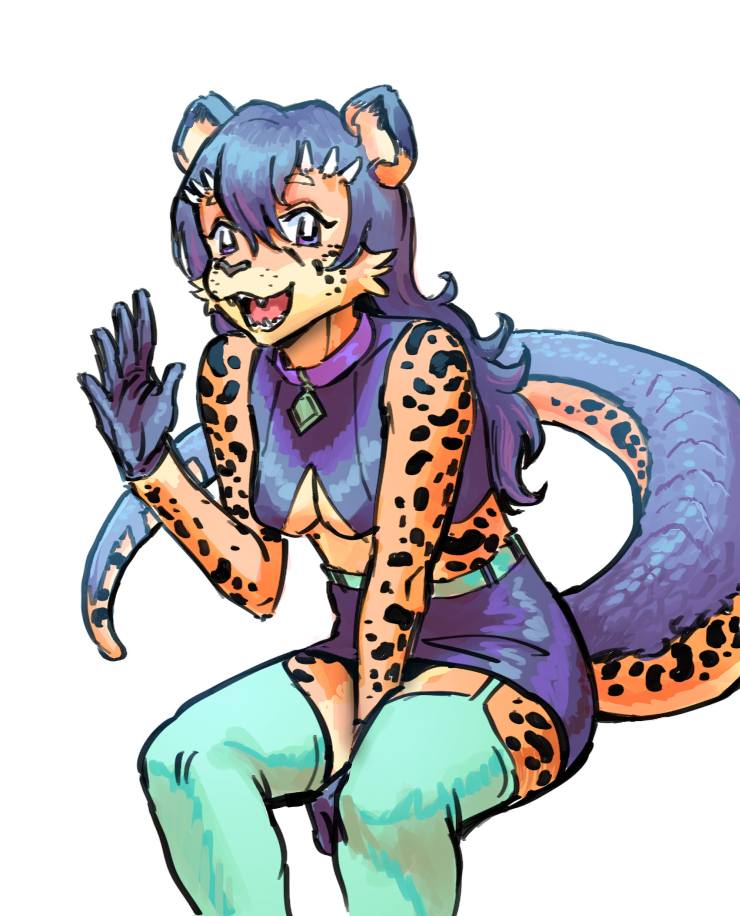 A digital sketch of a cheetah-dragon lady with vivid colours in a cute outfit with a collar