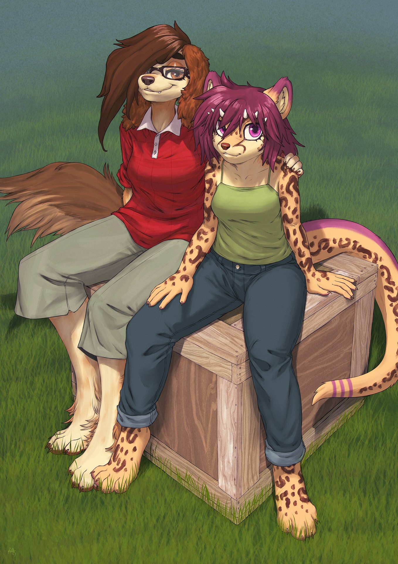 Two characters sit on a wooden box in a grassy field. One is a cheetah-dragon lady who looks a little nervous. The other is a bespectacled saluki dog lady who seems confident and has her arm around the cheetah-dragon lady's shoulder