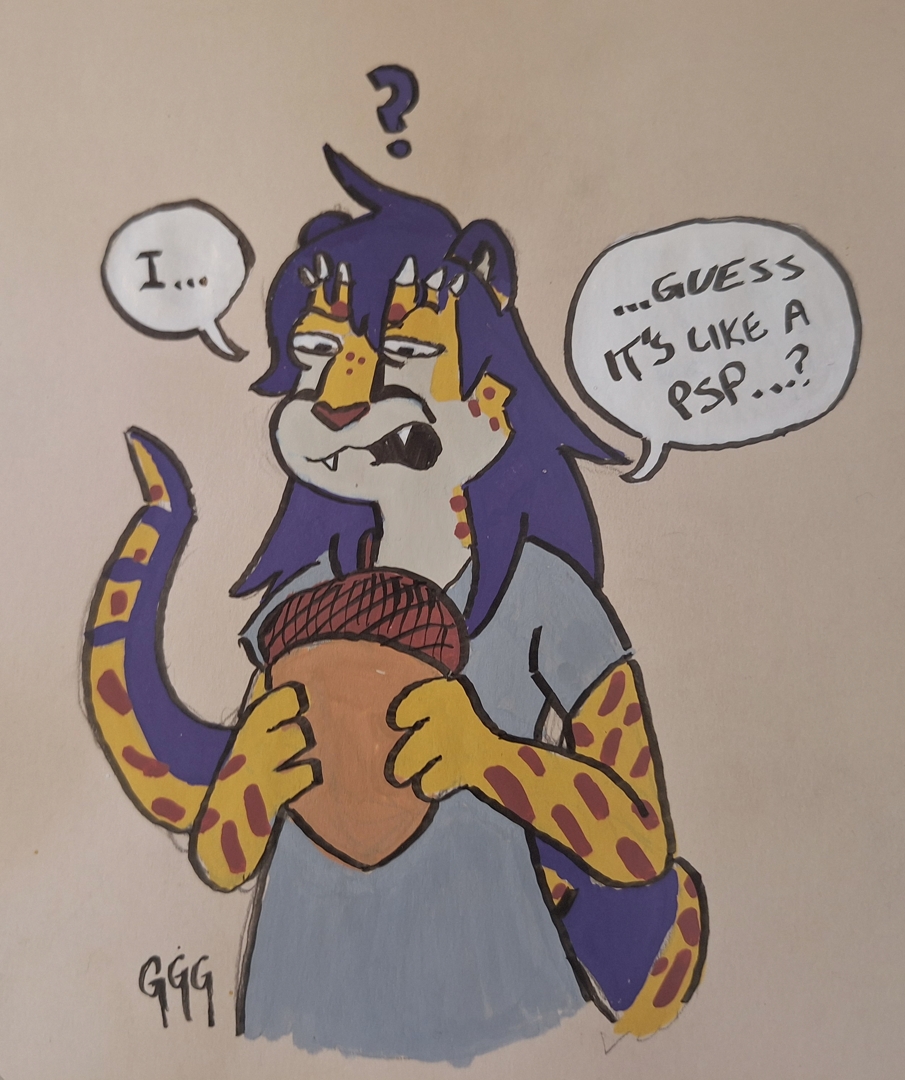 Ticky (a dragon-cheetah hybrid with purple hair) is holding a large acorn, looking confused, and says, "I… guess it's like a PSP…?"