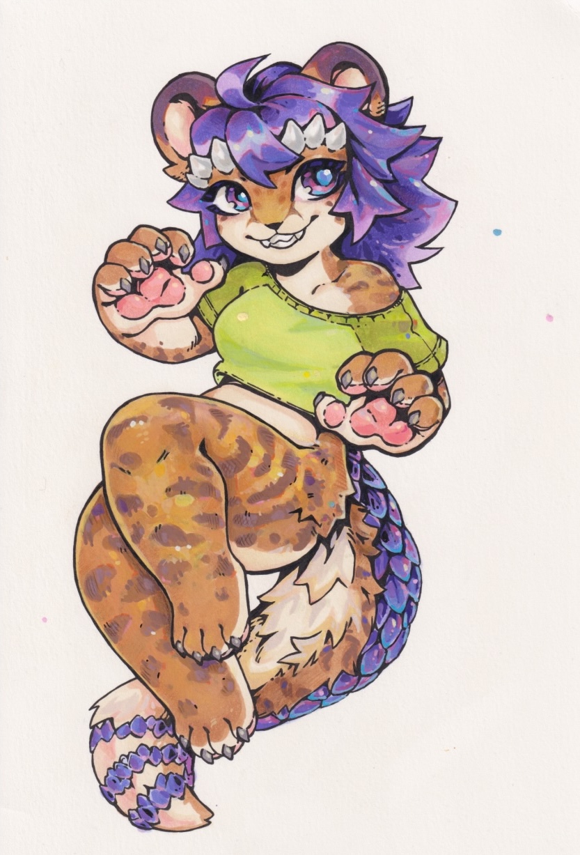 Ticky (a dragon-cheetah hybrid with purple hair) floats in the air very cutely, paws out, the scales on her tail looking particularly lustrous today, in a little green off-shoulder top